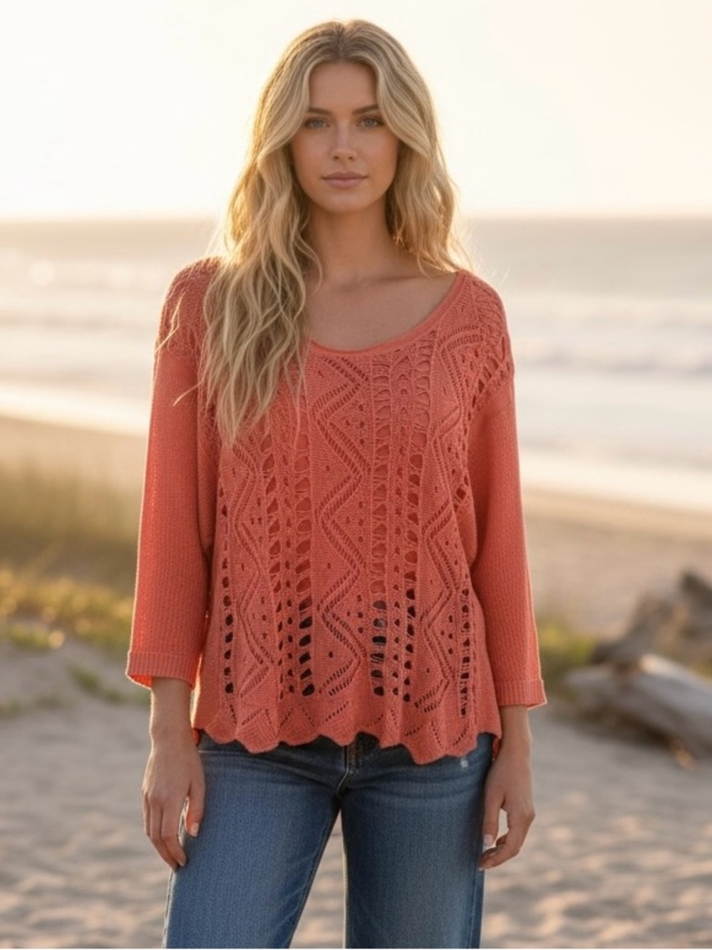 Anthropologie Coral Open Knit Dolman Sweater Slouchy Hi Low Lightweight oversize